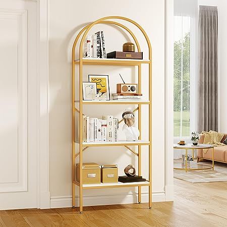 Arched Bookshelf, Yoga Corner, Gold Bookshelf, 4 Shelf Bookcase, Tall Bookshelves, Freestanding Storage, Kitchen Storage Shelves, Office Inspo, Open Bookcase