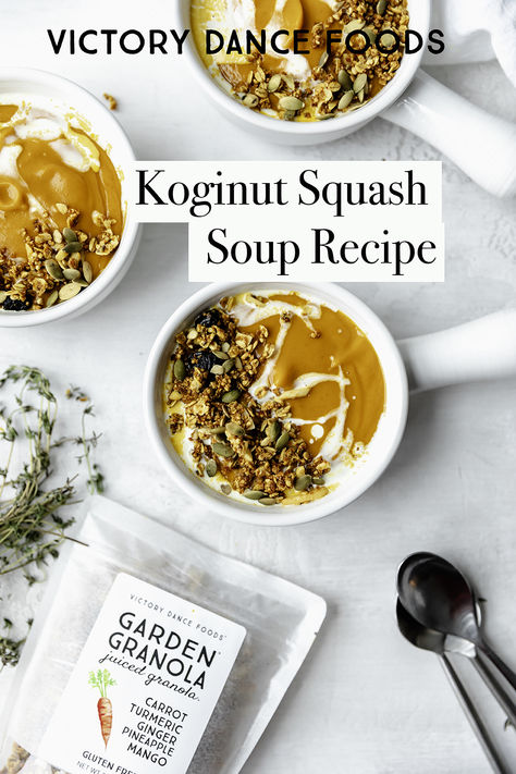 A creamy bowl of Koginut Squash Soup swirled with coconut cream and topped with Garden Granola Carrot Turmeric, pumpkin seeds, and fresh herbs, served alongside a package of Garden Granola. Koginut Squash Recipes, Koginut Squash, Friendsgiving Dessert Ideas, No Bake Thanksgiving, Friendsgiving Dessert, Squash Recipes Soup, Squash Roasted, Roasted Apples, Squash Soup Recipe