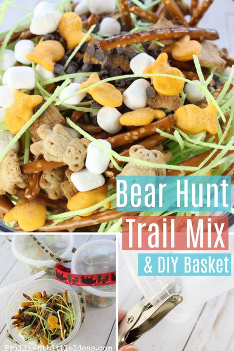 Try this Bear Hunt Trail MIx as a snack for your kids along with diy basket to carry their afterschool snack in as they play. #goingonabearhunt #snackideas Nature Snacks, Trail Mix Snack, Theme Snack, Camp Snacks, Animal Snacks, Trail Mix Recipes, Camping Snacks, Bear Hunt, Bear Recipes