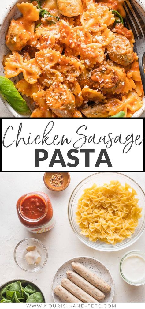 This flavorful Italian-style chicken sausage pasta is a great all-in-one, 25 minute meal. A creamy marinara-based sauce, tender spinach leaves, and plenty of Parmesan round out the dish. Chicken Sausage Recipes Pasta, Spinach Feta Chicken, Sausage Spinach Pasta, Mushroom Tomato, Sausage Mushroom, Chicken Sausage Recipes, Chicken Sausage Pasta, Pasta Marinara, Kielbasa Recipes