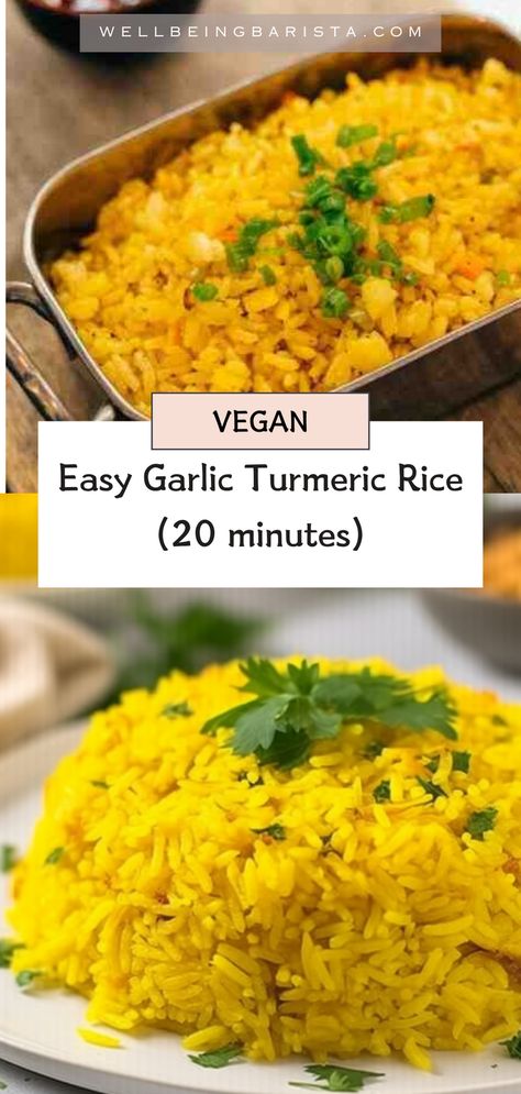 This easy garlic turmeric rice is a simple yet delicious savory dish, a perfect side to curries, prepared in under 20 minutes. Fragranced with butter, turmeric, garlic, and onion and simmered down in stock this soft and fluffy rice is infused with flavors.  #turmericrice #fluffyrice #garlicrice Rice Dishes For A Crowd, Garlic Turmeric Rice, Turmeric Rice Recipe, Pearl Couscous Salad, Rice Dishes Recipes, Turmeric Rice, Asparagus Quiche, Asian Rice, Fluffy Rice