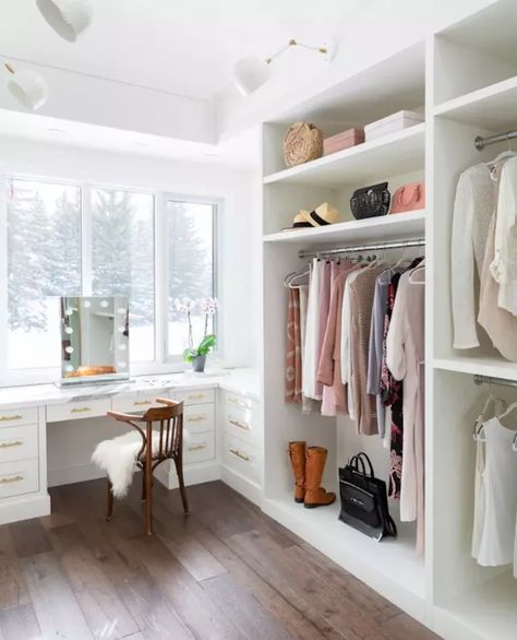 Walk In Closet Wallpaper, Narrow Walk In Closet, Closet With Vanity, Closet Wallpaper, Master Closet Design, Organized Closet, Dressing Room Closet, Walking Closet, Dream Closet Design