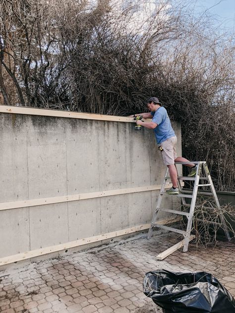 Cover Concrete Retaining Wall, Wood Slat Retaining Wall, Diy Concrete Fence Wall, How To Cover Concrete Walls Outside, Diy Concrete Wall Outdoor, Exterior Concrete Wall Ideas, Concrete Wall Backyard, Outside Wall Covering Ideas, Concrete Wall Ideas Outdoor