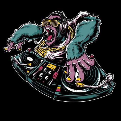 Gorilla playing turntable illustration | Premium Vector #Freepik #vector #music #dj #vinyl #gorilla Graffiti Dj Art, Music Illustration Artworks, Dj Art Design, Turntable Illustration, Dj Illustration, Dj Drawing, Afrika Bambaataa, Dj Vinyl, Pete Rock