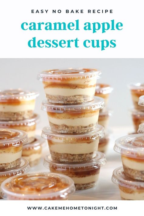 Caramel Apple Dessert Cups are an easy, delicious, and portable no bake dessert. Vanilla wafer crust, salted caramel mousse, cinnamon apples and a drizzle of salted caramel sauce make these cups irresistible and perfect for apple season! Apple Cups Recipe, Salted Caramel Apple Cups, Easy Apple Desserts Individual, Salted Caramel Mini Desserts, Easy Catering Dessert Ideas, Dessert Cup Ideas Simple, Pumpkin Dessert In A Cup, Apple Desserts Mini, Carmel Apple Cheesecake Bites