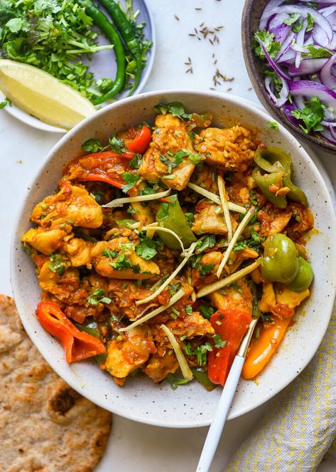 Murg Jalfrezi ( Chicken with Peppers) | Nourish Deliciously Jalfrezi Chicken, Chicken With Peppers, Chicken Jalfrezi, Onions And Tomatoes, Green Chili Peppers, Healthy Indian Recipes, British India, Gluten Free Rice, Paleo Chicken