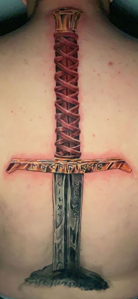 Excalibur Sword Back Tattoo Double Exposure, Back Tattoo, Tatting, Hair Wrap, Body Art, Tattoo Designs, Tattoo Ideas, Tattoos, Anime