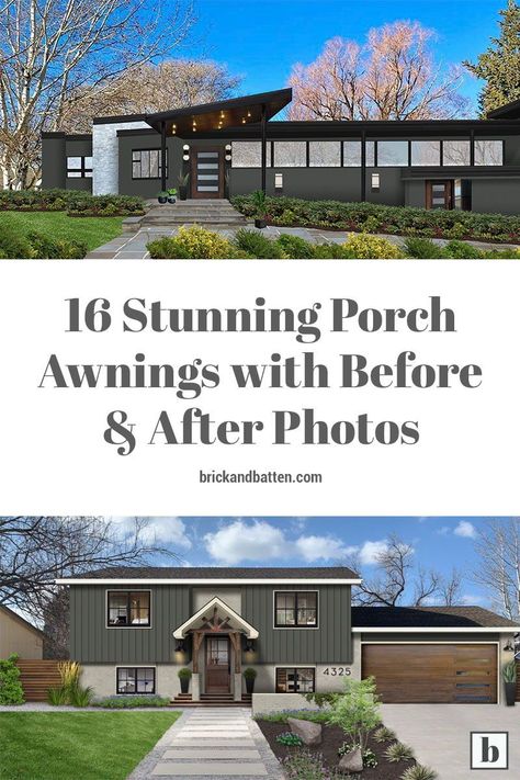 One of the best ways to get some outdoor livable square footage for you and your family to enjoy is to add a porch awning to your home’s exterior design. Here are 16 ideas to inspire a porch awning update of your own. #exteriordesign #awning #porch #porchawning Add Awning To Front Of House, Aluminum Awnings Exterior, House Awnings Exterior, Front Porch Awning Ideas, Porch Awning Ideas, Uncovered Front Porch, Awning Front Door, Metal Awnings For Windows, Porch Awnings