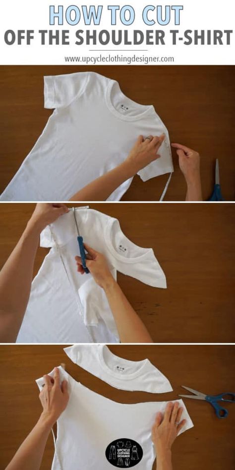 Diy Off Shoulder Shirt, Off Shoulder Diy, Shirt Alterations, Cut Up T Shirt, Cut Shirt Designs, Umgestaltete Shirts, T Shirt Upcycle, Diy Cut Shirts, Shirt Makeover