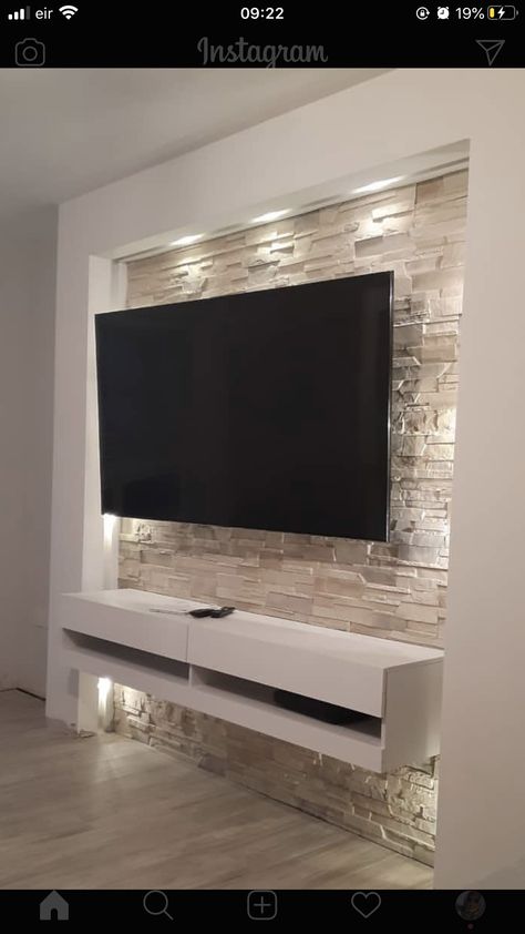 Stone Wall Living Room, Decor Tv Wall, Design Tv Wall, Stone Wall Interior Design, Wall Decor Tv, Tv Wall Ideas, Ruang Tv, Stone Walls Interior, Bedroom Tv Wall