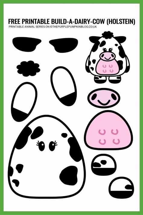 It's a two-for-one deal with this free printable Build A Cow template! Kids can learn about the Holstein breed of cattle - those iconic black and white ones - with this cute printable dairy cow and bull. They're part of a wider set of buildable characters that are a fun free activity to do at home, in an activity group or club, during homeschool, or in the classroom! #BuildACow #FreePrintables #ThePurplePumpkinBlog #PrintablesForKids #HomeschoolPrintables #CowTemplate Cow Craft, Purple Pumpkin, Papercraft Printable, Printable Animals, Dairy Cows, New Year's Crafts, Animal Crafts For Kids, Foam Crafts, Animal Crafts