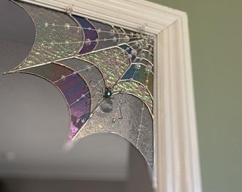 Stained Glass Spider Web, Stained Glass Spider, Uhyggelig Halloween, Door Topper, Spider Web Decoration, L'art Du Vitrail, Corner Decor, Stained Glass Window Panel, Stained Glass Window Hanging