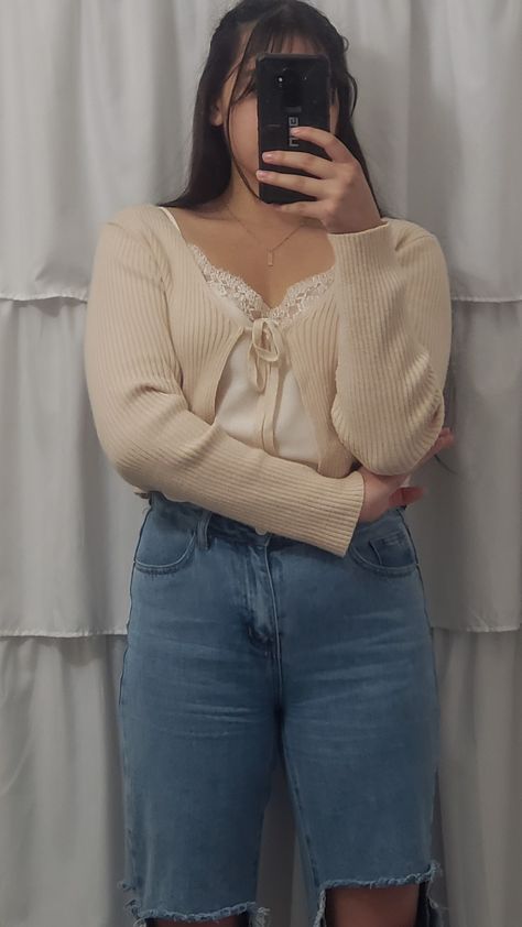 Tie Front Cardigan Outfit Aesthetic, Tie Front Cardigan Outfit Modest, Lace Top With Cardigan, Dress With Small Cardigan, White Tie Front Cardigan Outfit, Jeans And Cardigan Outfit Summer, Matching Cardigan And Top Outfit, Tie Front Sweater Outfit, Front Tie Sweater Outfit