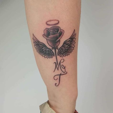 Flower With Angel Wings Tattoo, Grandma Tattoo In Memory Of Rose, Angel With Roses Tattoo, Flower With Wings Tattoo, Butterfly With Angel Wings Tattoo, Rose Angel Tattoo, Rose Wings Tattoo, Angel And Rose Tattoo, Rose Tattoo Memorial