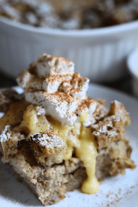 Easy Sourdough Eggnog Bread Pudding Recipe Sourdough Bread Pudding, Eggnog Custard, Eggnog Bread Pudding, Eggnog Bread, Eggnog Dessert, Creamy Eggnog, Delicious Holiday Desserts, Custard Sauce, Easy Sourdough