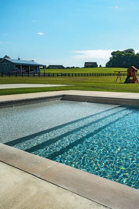 Murfreesboro Pool Photos | Nolensville Custom Pool Builder Straight Line Pool Designs, Tanning Deck In Pool, Backyard Deck And Pool Ideas, U Shaped Pool, Large Rectangle Pool, Fiberglass Pool With Waterfall, 30x15 Pool, Stamped Concrete Around Pool Ideas, Pool With Separate Hot Tub