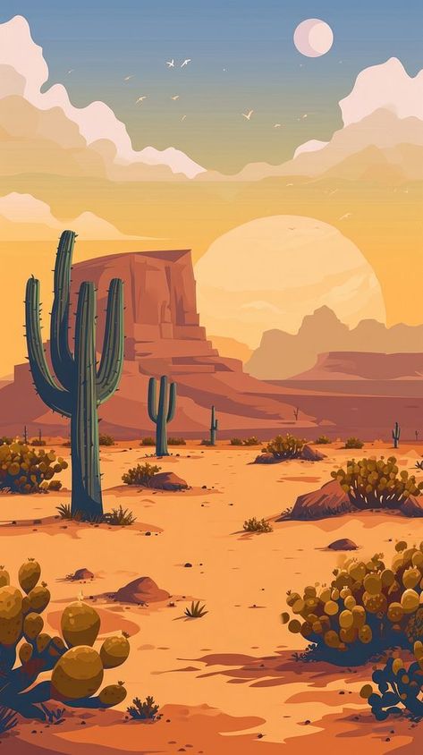 Desert landscape desert outdoors nature. | premium image by rawpixel.com Southwest Wallpaper, Waterfall Drawing, Cactus Silhouette, Cactus Wallpaper, Landscape Desert, Cactus Illustration, 2160x3840 Wallpaper, Flower Drawing Design, Desert Art