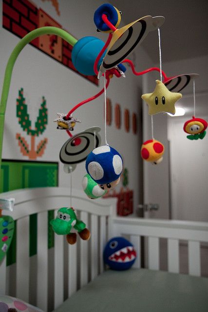 Mario nursery-- just need to have a boy now Super Mario Nursery, Mario Nursery, Crib Mobiles, Baby Room Themes, Baby Mine, The Ceiling, Trendy Baby, Baby Boy Nurseries, Nursery Ideas