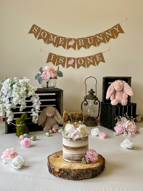 Rustic bunny spring decor Some Bunny Is One Smash Cake, Some Bunny Is Turning One Smash Cake, Some Bunny Is One Cake Smash, Bunny Smash Cake Girl, Easter First Birthday Girl, Some Bunny Is Turning One Cake, First Birthday Bunny Theme, Bunny Smash Cake, Bunny First Birthday Girl