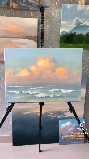 Painting Sky Clouds, Cloud Painting Easy, Seascape Paintings Beach Scenes, Acrylic Painting Canvas Inspiration, Sunset Cloud Painting, Sky Painting Acrylic, Beach Paintings On Canvas, Acrylic Ocean Painting, Ocean Painting Acrylic