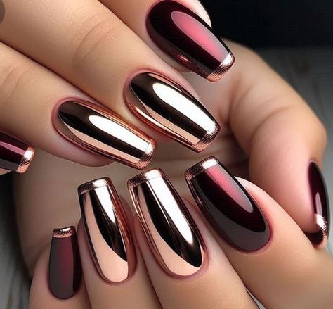 Crimson Chrome Nails, Burgundy And Rose Gold Nail Designs, Fall Nails Maroon Burgundy, Chrome Nails Burgundy, Chrome Fall Nail Designs, Dark Rose Nails, Chrome Fall Nails 2024, Maroon Fall Nails Burgundy, November Nail Ideas Acrylic