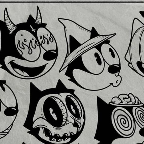 Bonnie Pellegrini on Instagram: "Made some halloween felix heads cause who wouldnt want one 🎃 . . . . #tattooflash #halloweenflash #halloweentattoo #felixthecat #felixthecattattoo #tattooapprentice" Rubberhose Halloween, Felix The Cat Drawing, Felix Cat Tattoo, Cartoon Cat Horror, Felix The Cat Art, Felix The Cat Tattoo, Vintage Halloween Tattoos, Felix Tattoo, Halloween Flash Tattoo