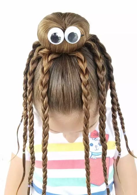 We had fun creating this octopus bun hairstyle with my daughter. With school starting up, I thought some of you could use some inspiration for crazy hair day. - Imgur Spider Hairstyle, Wacky Hair Days, Crazy Hair Day, Wacky Hair, Kids' Braids, Crazy Hair Day At School, Easter Hair Bow, Crazy Hair Days, Halloween Hair