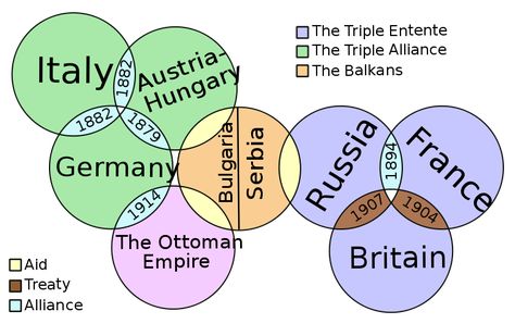 The "A" in the four main causes stood for the alliances or allies. This chart shows who was allied with who in a very well put organized way. It also shows that not all countries were allied some were just providing different countries with aid, or they had a treaty with each other to not go to war. Triple Entente, Modern World History, Online Textbook, Facts For Kids, History Class, Teaching History, Us History, Photo Essay, World History