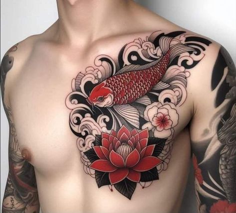 Japanese Chest Tattoo, Koi Fish Tattoo Ideas, Chest Tattoo Men Ideas, Fish Tattoo Ideas, Japanese Hand Tattoos, Japanese Koi Fish Tattoo, Koi Tattoo Sleeve, Buddha Tattoo Design, Man Tattoo