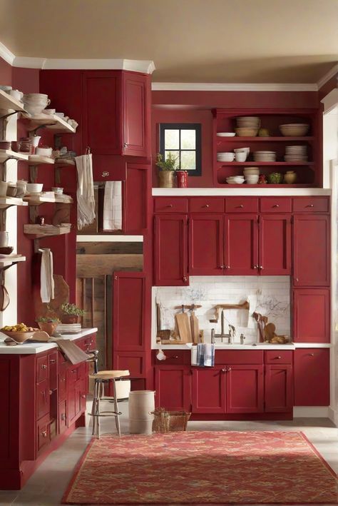 kitchen cabinet paint, kitchen cabinet design, cabinet painting techniques, kitchen cabinet color trends Green And Red Kitchen Ideas, Red Painted Kitchen Cabinets, Benjamin Moore Alabaster Cabinets, Painting Unfinished Cabinets, Benjamin Moore Alabaster, Alabaster Cabinets, Color Kitchen Cabinets, Red Wall Paint, Kitchen Cabinet Paint