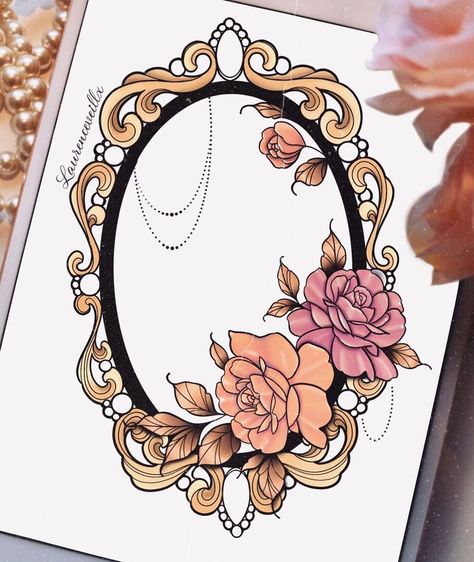 Mirror Frame Tattoo Design, Filigree Frame Drawing, Neo Traditional Frame Tattoo, Mirror With Flowers Tattoo, Flower Frame Tattoo Design, Neo Traditional Mirror Tattoo, Framed Flowers Tattoo, Frames Tattoo Design, Frame With Flowers Tattoo