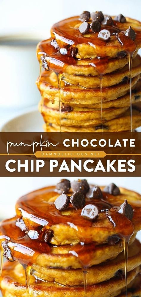 PUMPKIN CHOCOLATE CHIP PANCAKES, fall, pumpkin recipes Pumpkin Chocolate Chip Pancakes, Fluffy Pumpkin Pancakes, Easy Pancake Recipe, Pumpkin Recipes Easy, Pumpkin Recipe, Chocolate Pancakes, Pumpkin Chocolate Chip, Chocolate Chip Pancakes, Pumpkin Pancakes