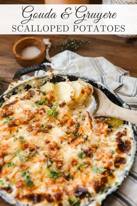 Gouda & Gruyere Scalloped Potatoes recipe - Sugar Maple Farmhouse Smoked Gouda Scalloped Potatoes, Gourmet Scalloped Potatoes, Gouda Scalloped Potatoes, Gouda Recipes, Gruyere Scalloped Potatoes, Gouda Cheese Recipes, Cheddar Scalloped Potatoes, Roasted Cornish Hen, Cooked Potatoes