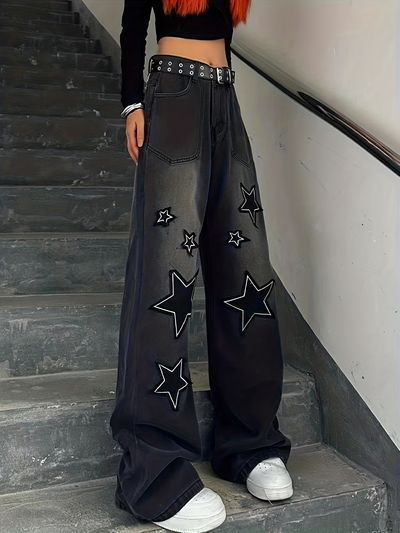 Wide Leg Pants Jeans, Retro Patch, Wide Leg Denim Pants, Street Y2k, Slash Pocket, Star Embroidery, Loose Fabric, Bleach Wash, Women Denim Jeans