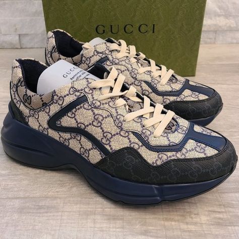 Gucci Rhyton Signature Shoes, Men's 9 (Women's 10), Navy Blue and Neutral Gucci Rhyton Sneakers Outfit Mens, Gucci Shoes Outfit, Blue Sneakers Outfit, Gucci Rhyton, Gucci Shoes Sneakers, Boutique Closet, Gucci Logo, Size 10 Women, Shoe Bags