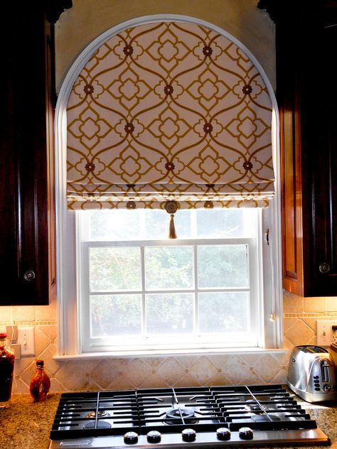 Arch Top Roman Shade | William West ... Rounded Window Curtains, Blinds For Arched Windows, Half Circle Window, Arched Window Coverings, Curtains For Arched Windows, Arched Window Treatments, Window Curtain Designs, Bay Window Curtains, Arch Window