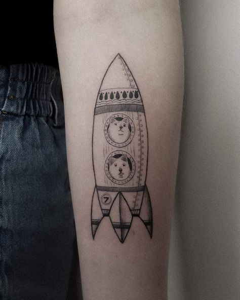 Blackwork etching russian fineline tattoo of two dogs in a spaceship space tattoo by Alexandyr Valentine Spaceship Tattoos, Space Animal Tattoo, Spaceship Tattoo Minimalist, Dog In Space Tattoo, Space Dog Tattoo, Laika Space Dog Tattoo, Astronaut Dog Tattoo, Space Kitty Tattoo, Spaceship Tattoo