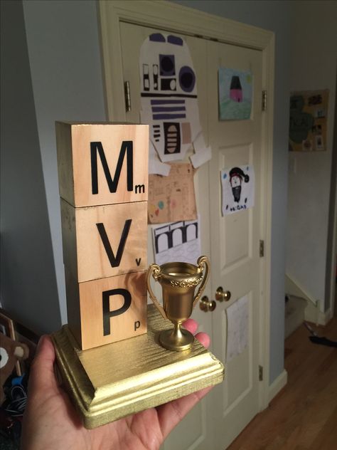 Scrabble trophy with blocks found at Michael's Home Made Trophy Ideas, Diy Trophy Ideas How To Make, Homemade Trophy, Diy Trophies, Trophy Ideas, Beer Olympics Trophy Diy, Beer Olympic Trophies, Diy Funny Trophy Ideas, Game Night Trophy Diy