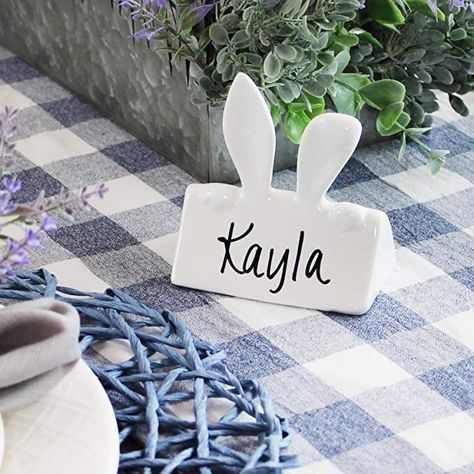 Amazon.com: AuldHome Bunny Place Card Holders (6-Pack), Easter Spring Ceramic Reusable Write-On Wipe-Off Place Card Stands for Table : Home & Kitchen Easter Dinner Decor, Place Markers, Easter Place Settings, Simple Table Settings, Bunny Napkins, Holiday Favors, Reusable Wipes, Green Glass Bottles, Easter Table Settings