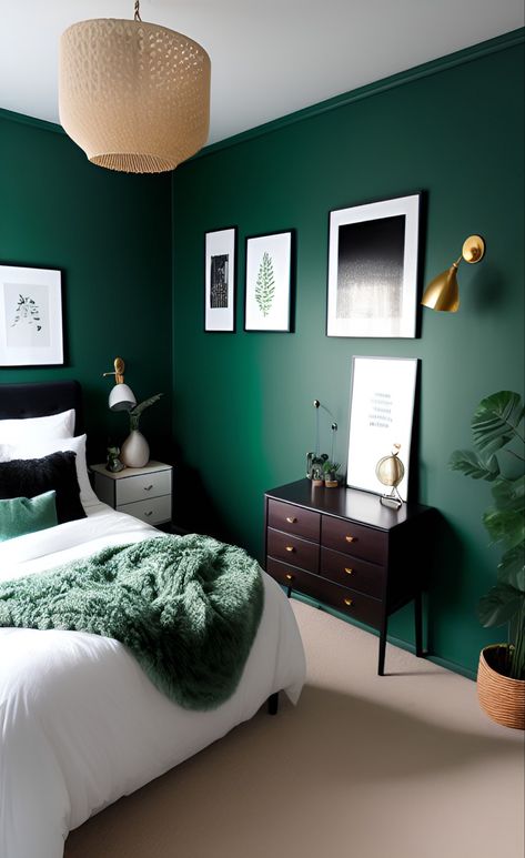 Dark Green Bedding, Hunter Green Bedrooms, Dark Green Interior, Green Bedroom Colors, Green Bedroom Walls, Green Bedroom Design, Green Bedroom Decor, House Interior Decor Ideas, Bedroom Wall Colors