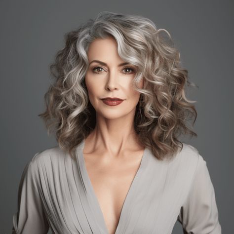 Brown Lowlights, Natural Curly Hair Cuts, Grey Curly Hair, Grey Hair Inspiration, Curly Hair Photos, Medium Curly Hair Styles, Gray Hair Highlights, Curly Hair Women, Hairstyles Over 50