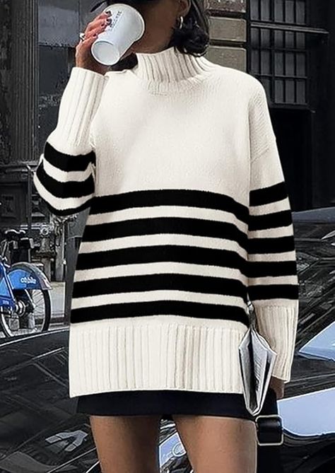 PRETTYGARDEN Women's Fall Striped Long Pullover Sweaters Turtleneck Long Sleeve Loose Fit Chunky Knit Casual Cute Tops Blouse Striped Sweaters, Tops Fall Outfits, White Oversized Sweater, Women Fall Tops, Fall Sweaters For Women, Long Sweaters For Women, Oversized Striped Sweater, Casual Turtleneck, Long Knit Sweater