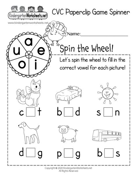 Phonetics For Kids, Game Spinner, Cvc Word Games, Kindergarten Thanksgiving, Handwriting Practice Paper, Cvc Words Worksheets, Vowel Activities, Middle Sounds, Missing Letters