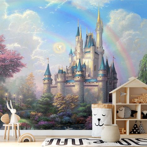 ❀ AMAZING DECOR FOR GIRLS If you want to add bright accents to your walls and give them a new look, our removable peel and stick wallpaper is the best way! Have you ever wanted to find yourself in a fairy-tale? You have such a unique opportunity! This castle wallpaper with a beautiful garden and a rainbow is marvelous! Girls' wallpaper with a castle where a princess lives looks breathtaking! Your children will be beside themselves with happiness if you hang the cartoon wallpaper in their nursery Wall Murals For Bedroom, Castle Mural, Gender Neutral Nursery Design, Castle Wallpaper, Nursery Design Neutral, Dream Castle, Large Wall Murals, Girls Wallpaper, Princess Wallpaper