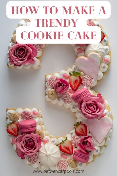 Make the cookies. Make the frosting. Then decorate to your heart’s content! #cake #recipe #cookiecake #pretty #dessert #birthdaycake #numbercake Number Cookie Cake Recipe, Easy Number Cakes, Decorating Number Cakes, How To Make A Number Cake, Layered Cookie Cake Recipe, Letter Cake Recipe, Number 3 Cookie Cake, How To Make Number Cakes, Numbers Cakes Ideas