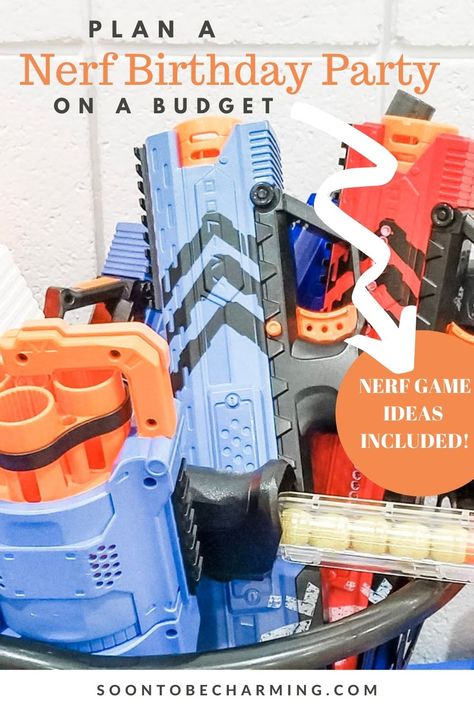 Nerf Birthday Party On A Budget - Soon To Be Charming Boys 8th Birthday Party Ideas, Nerf Party Games, Nerf Birthday Party Ideas Food, Nerf Themed Birthday Party, Nerf Party Ideas, Nerf Party Food, Nerf Birthday Cake, Nerf Birthday Party Ideas, 6th Birthday Boy