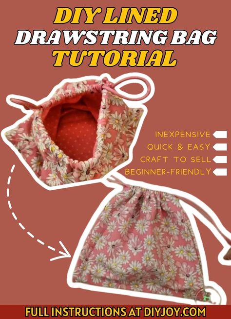 DIY Easy Lined Drawstring Bag Sewing Tutorial Diy Drawstring Gift Bag, How To Make A Lined Drawstring Bag, Simple Drawstring Bag Diy, Drawstring Makeup Bag Diy, Easy Drawstring Bag Tutorial, Small Drawstring Bag Pattern, Draw String Bag Pattern, Lined Drawstring Bag Tutorial, Diy Bag Patterns