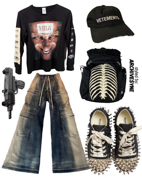 top - Hood By Air Aphex Twin longsleeve @unlawfulpersona pants - RICK OWENS SS2023 EDFU DOUBLE CARGO MINERAL PEARL JUMBO BELA @glam_archive & @rickowensonline cap - Vetements Logo Hat via @vlordsworld bag - Undercover Ribcage Backpack AW2013 @archived footwear - FW24 PORCUPINE LACE UP SNEAKER Man Fits, Hood By Air, Drip Drop, Aphex Twin, Logo Hat, Twin Outfits, Cargo Pants Outfit, Archive Fashion, Hooded Top