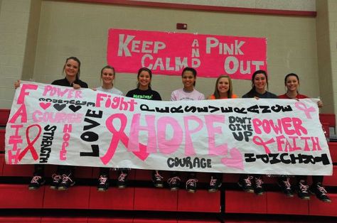 Pink gear for athletes is now cool to wear, also has significance ... Dig Pink Volleyball Ideas, Cheer Survival Kit, School Spirit Ideas Pep Rally, Cheerleading Signs, School Spirit Posters, Dig Pink, Rally Idea, Cheer Banquet, School Spirit Days