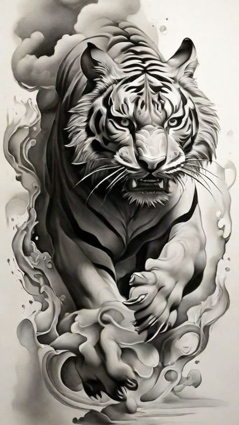 Jumping Tattoo, Arm Tattoos Tiger, Japanese Tattoos For Men, Big Cat Tattoo, Samurai Tattoo Design, Lion Head Tattoos, Tiger Tattoo Design, Tiger Drawing, Shiva Tattoo Design